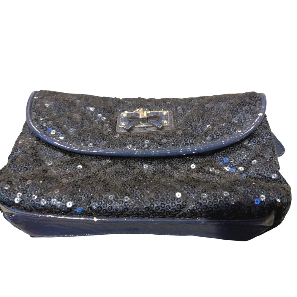 Guess Navy Blue Sequin Quilted Makeup Bag‎ Cosmetic Case Travel Organizer Bow